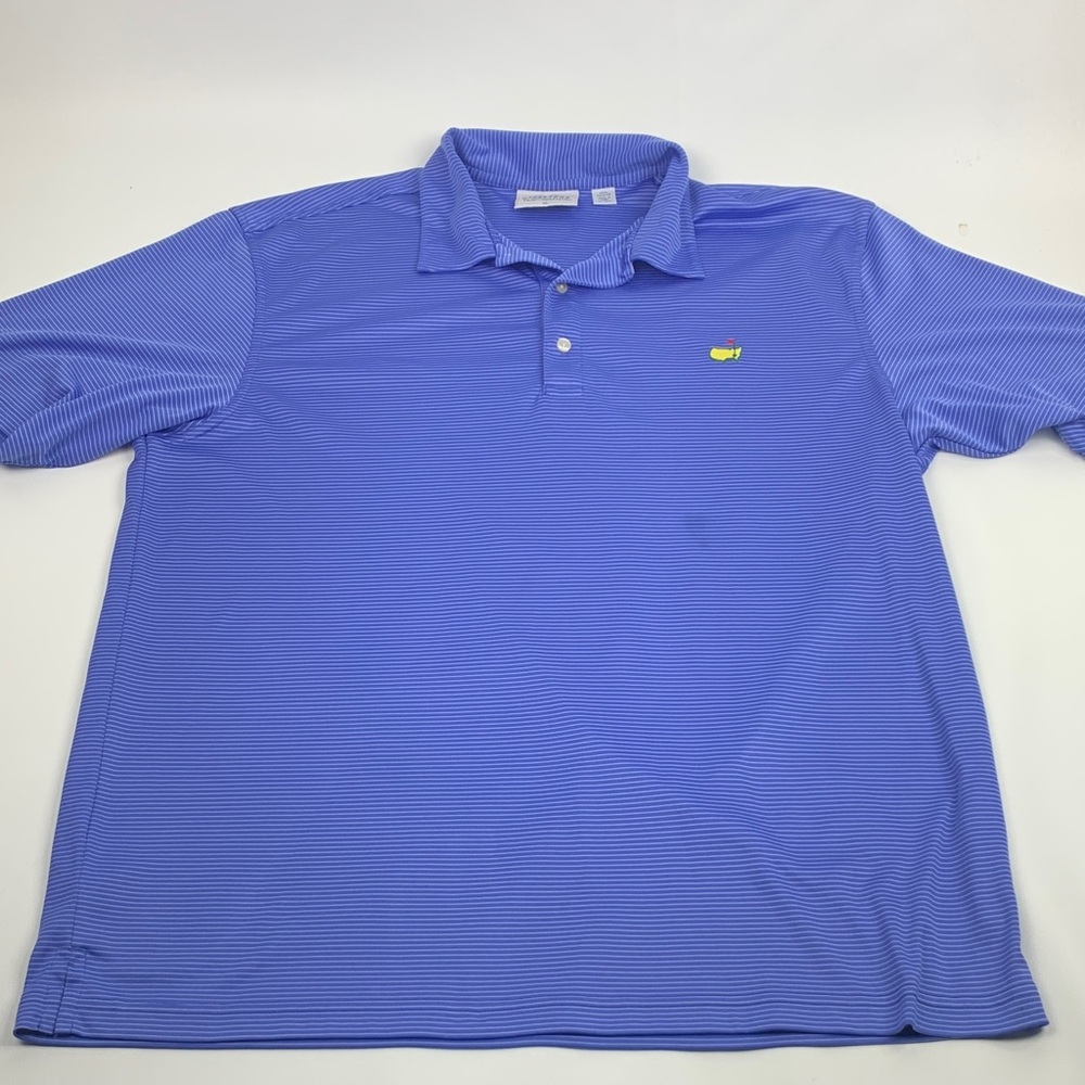 Masters Blue White Striped Polo Golf Shirt Size XL Button collar Masters  logo